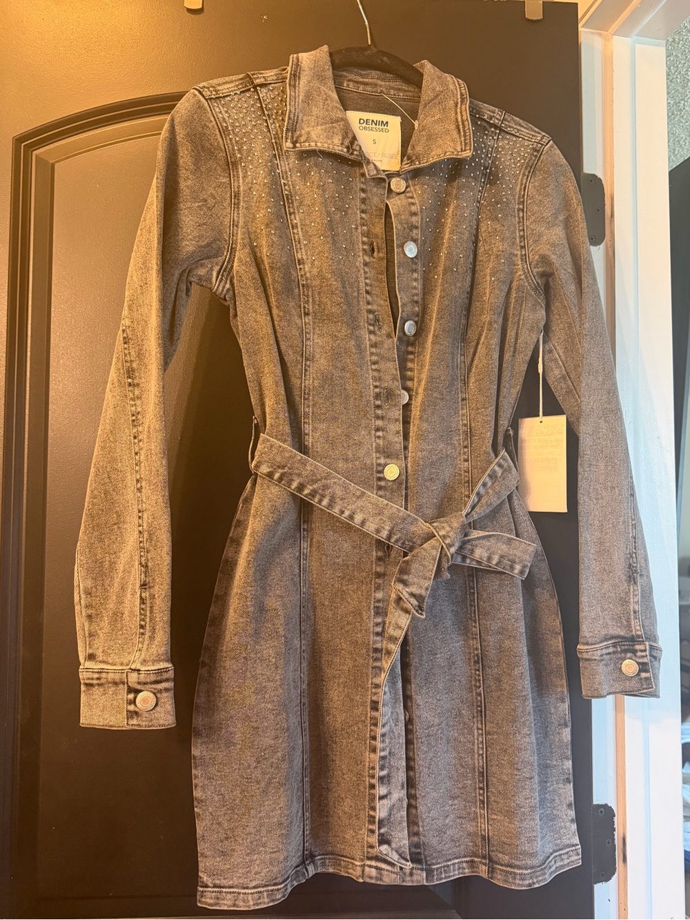 Denim Belted Long-Sleeve Dress in Faded Black